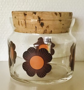 Glaskrukke m. korkprop og retro decor, svensk